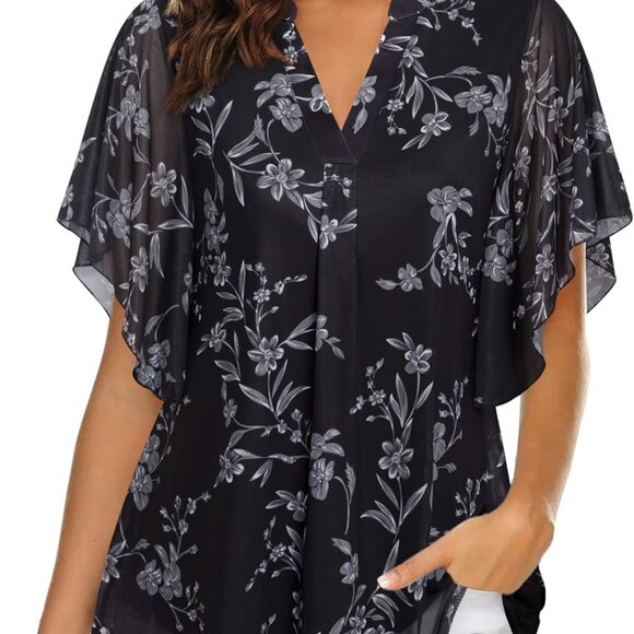 Women's Short Sleeve V Neck Blouses Shirts Floral Double Layers Mesh Tunics Tops - Picture 2 of 4
